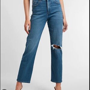 Express High Rise Blue Jeans with Distressed Knee